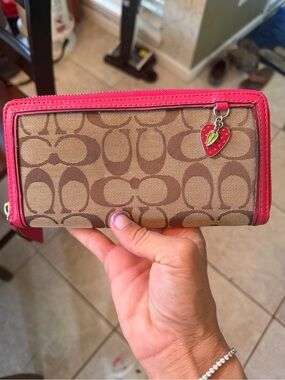 Coach Signature Canvas Card Holder with Pink Trim and Strawberry Charm